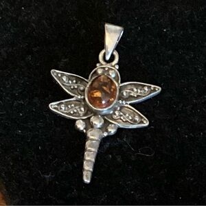1 1/2” Amber Silver Dragonfly Pendant